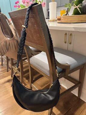 NWOT Black Braided-Handle Crescent Shoulder Bag